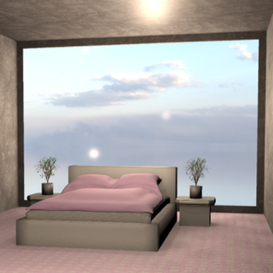 Simple pink and gray themed bedroom with a large window view