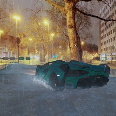 Realistic Rainy Road With Reflective Lamborghini And Particles